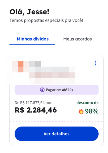 Print real: dívida de R$ 117.877,64 com proposta de quitação por R$ 2.284,46 (98% de desconto)